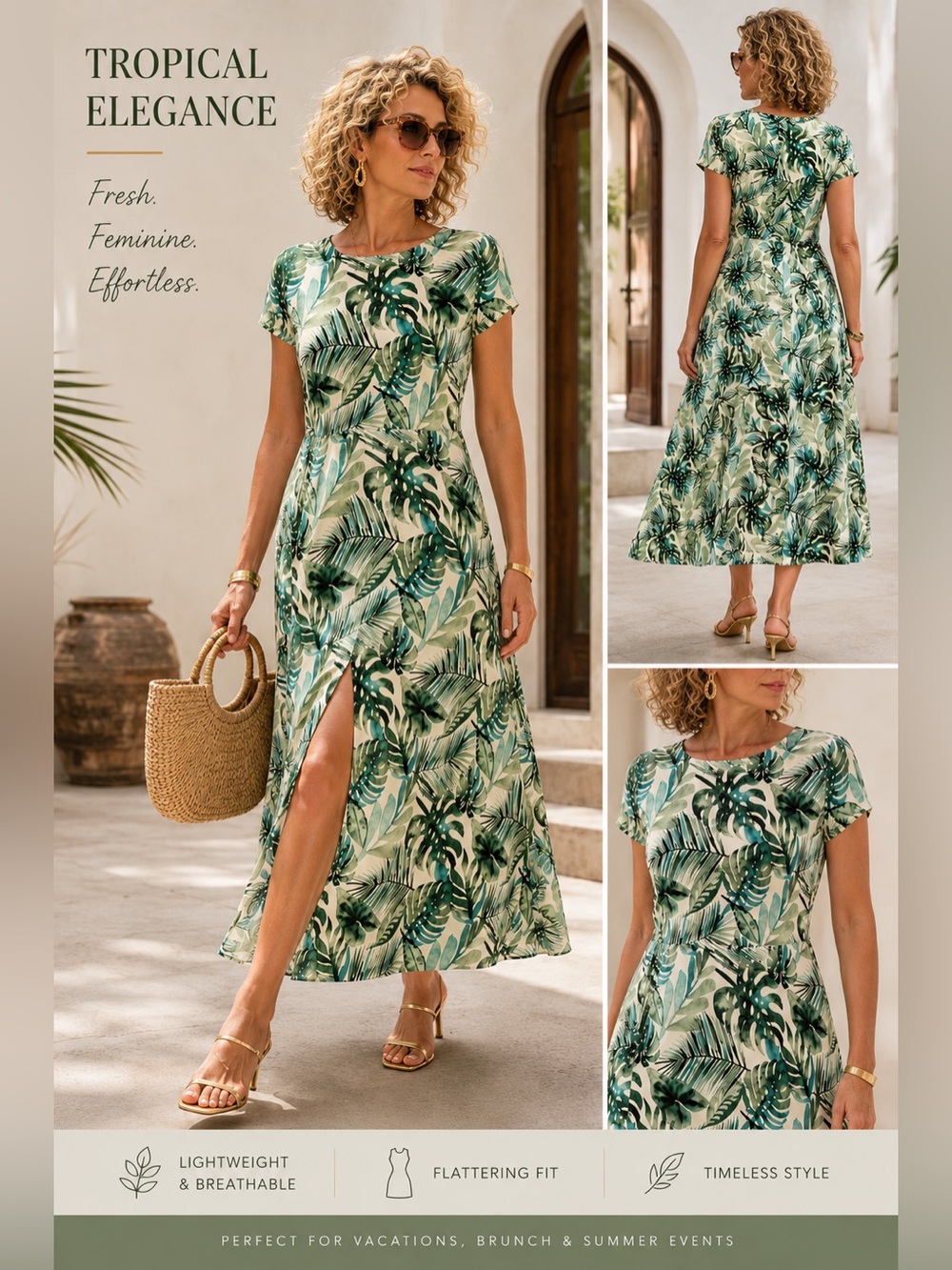 Alexia Admor Green Tropical Leaf Midi Dress
